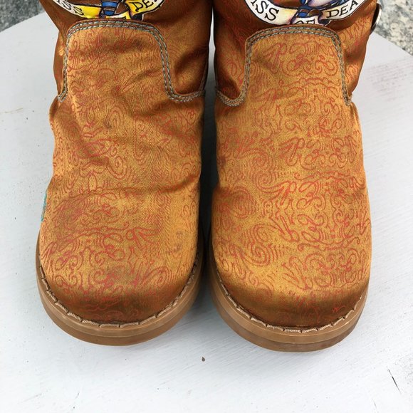 ED HARDY Women's 5 Kiss of Death Geisha Girl Satin Tan Lined Pull On Boots - Picture 7 of 13